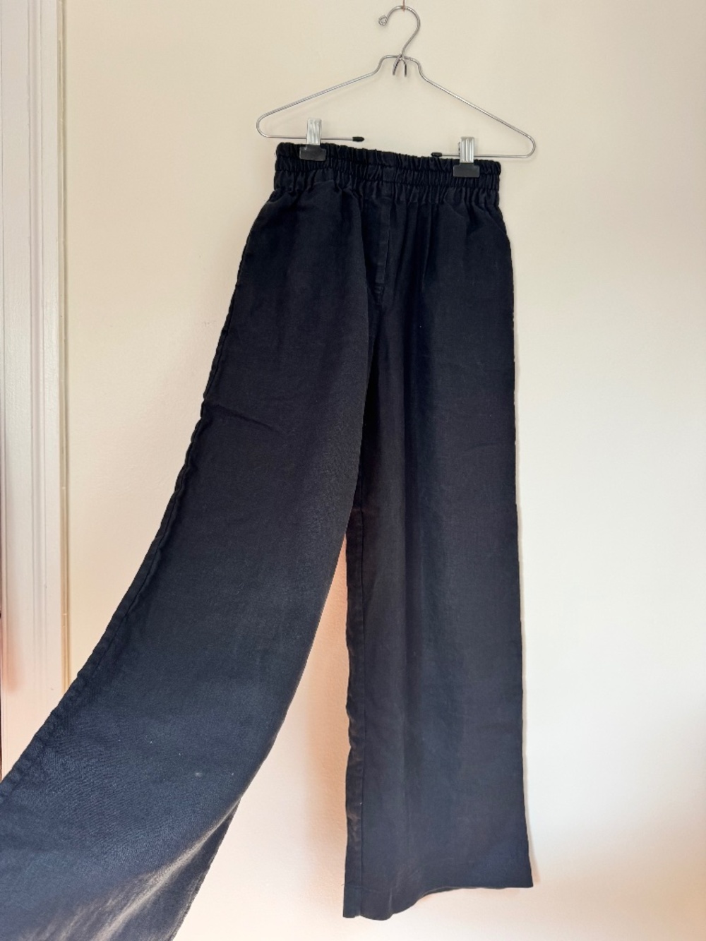 Minimalist Black Wide Leg Elastic Waist Linen Pants XS/S